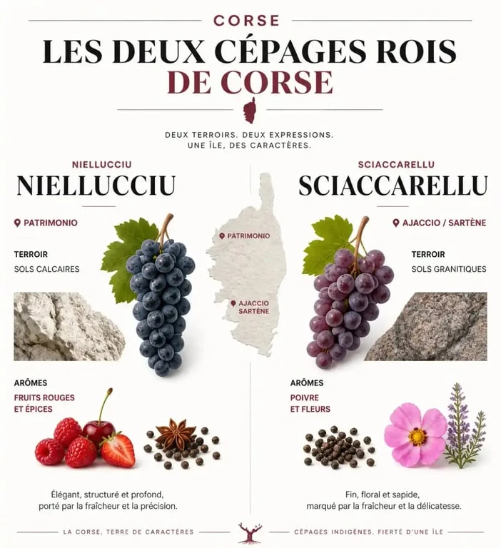 Infographie des cépages et terroirs pour le meilleur vin rouge corse