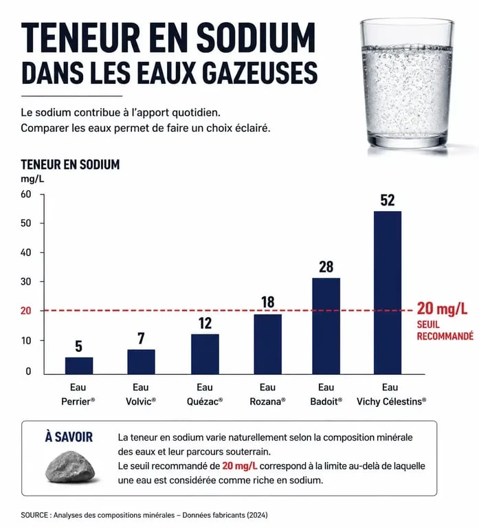 Infographie comparative des eaux pétillantes les moins salées et seuil de sodium recommandé pour la santé