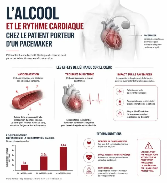 Infographie sur les effets de l'alcool et le fonctionnement du pacemaker et alcool