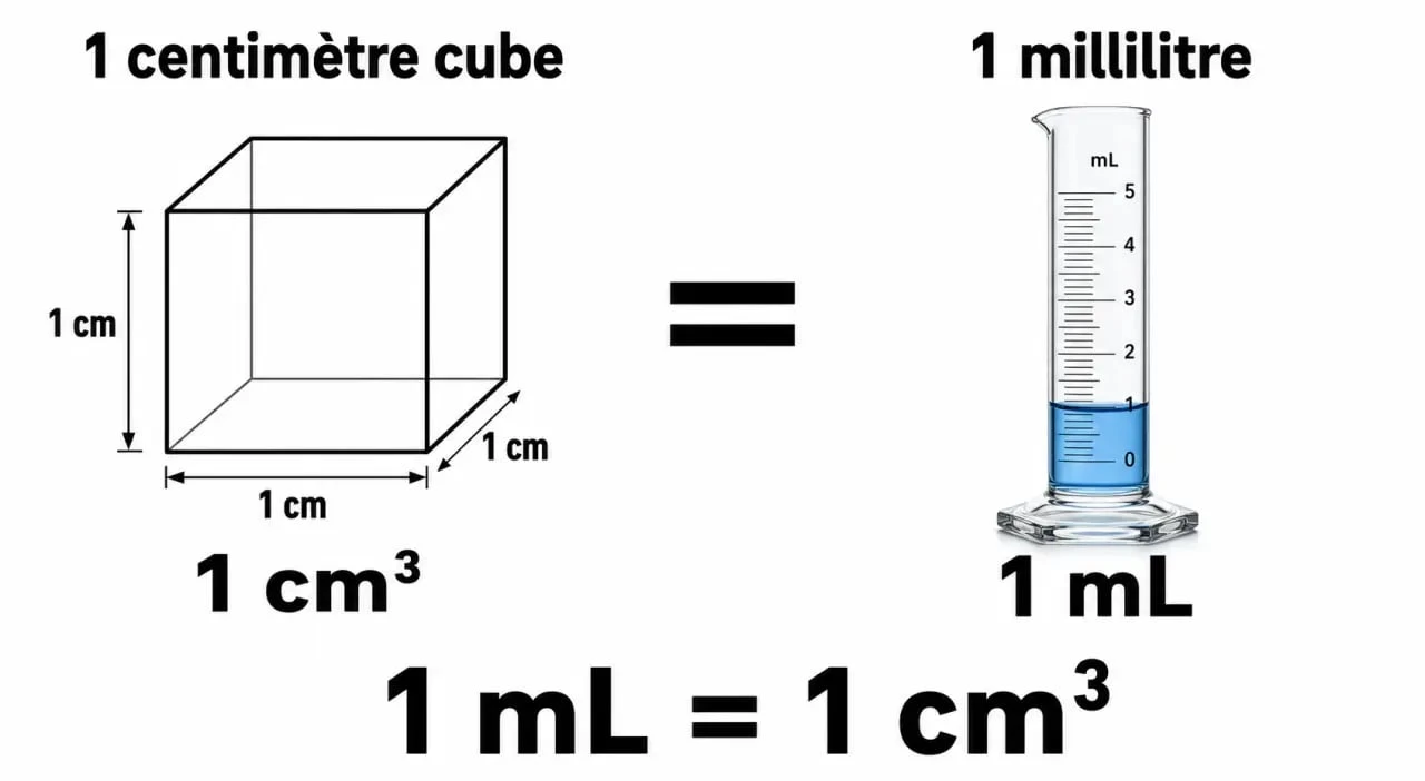 Schéma illustrant l'équivalence entre 1 millilitre et 1 centimètre cube