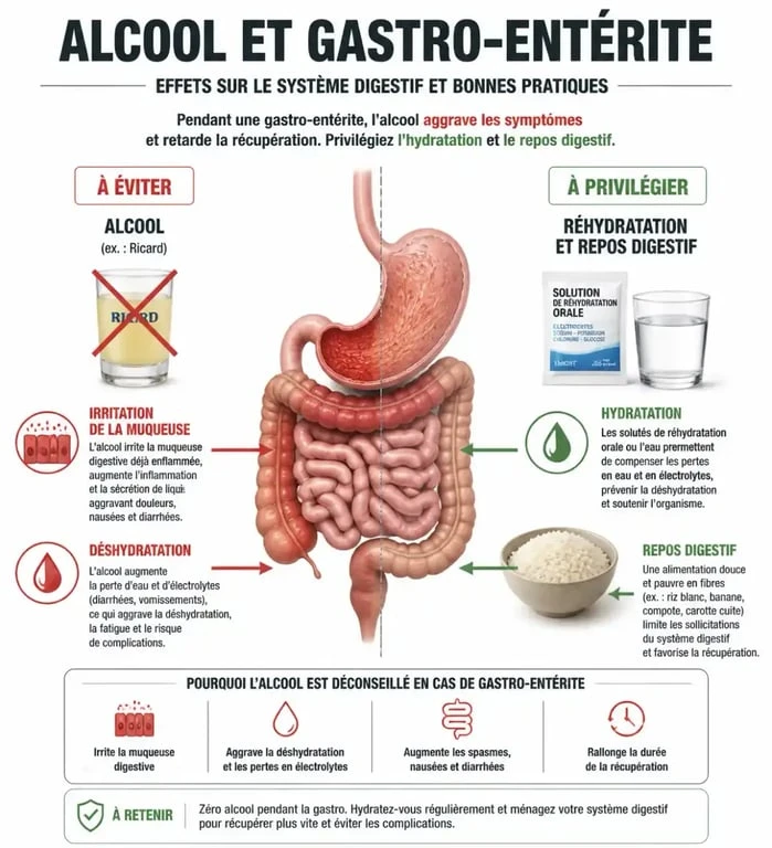 Infographie explicative sur les dangers du Ricard pur en cas de gastro-entérite et les alternatives recommandées