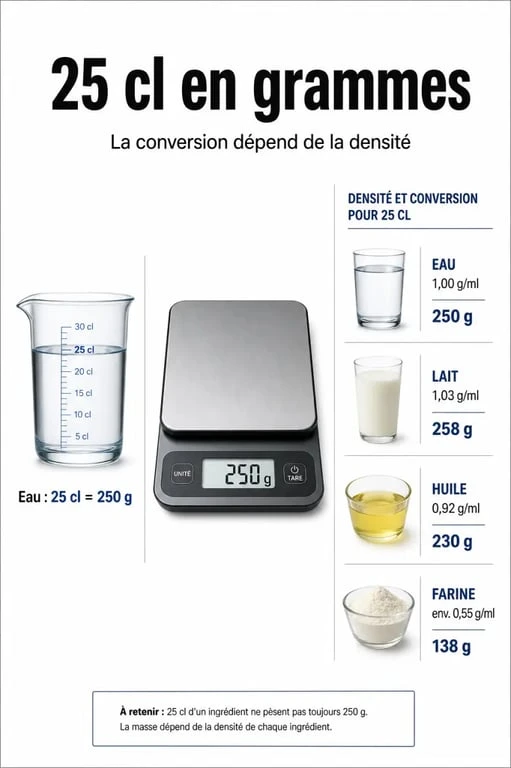 Infographie montrant la conversion de 25 centilitres en grammes selon la densité des ingrédients pour la cuisine