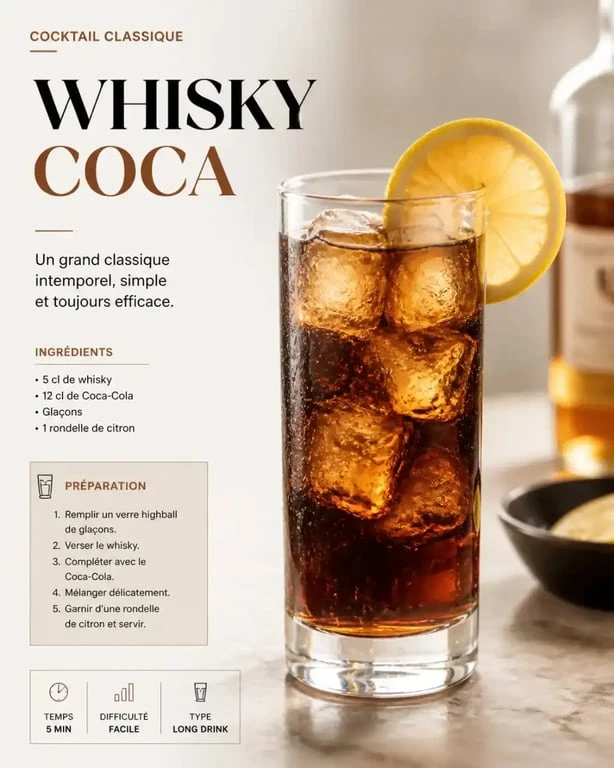 Verre de whisky coca préparé avec des glaçons et une tranche de citron
