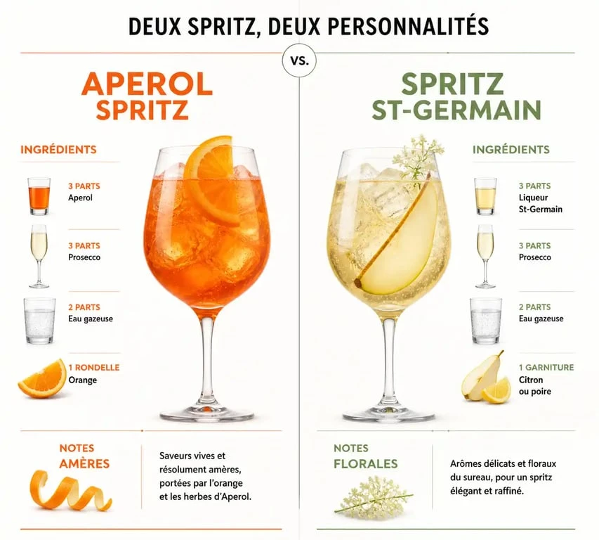Comparatif visuel entre un Aperol Spritz et un Spritz St-Germain : ingrédients et profil aromatique pour choisir son cocktail.