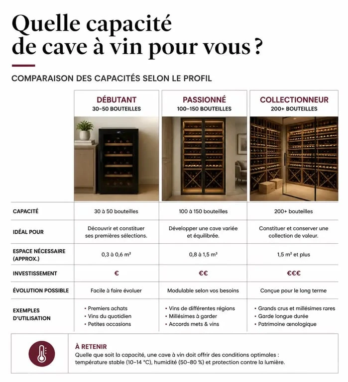 Tableau récapitulatif pour choisir sa cave à vin selon son profil et sa capacité de stockage