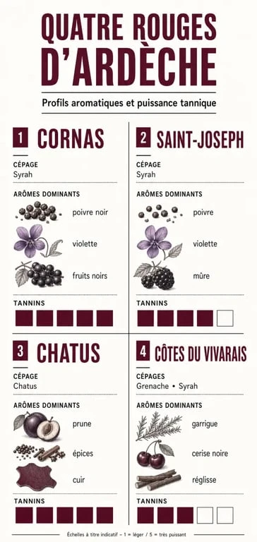 Infographie des profils des meilleurs vins rouges d'Ardèche : Cornas, Saint-Joseph, Chatus et Côtes du Vivarais