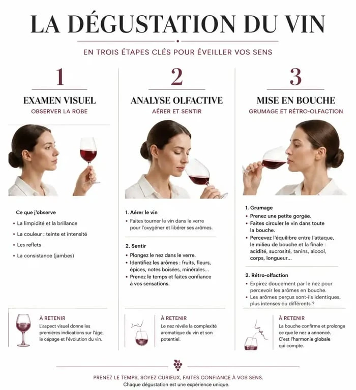Infographie des étapes de dégustation pour apprendre le vin