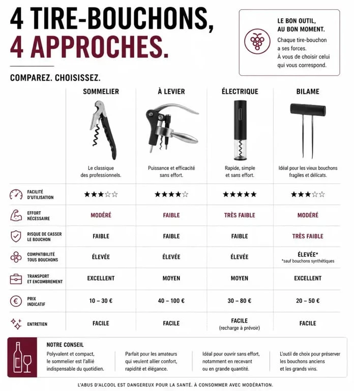 Infographie comparative des différents types de tire-bouchons pour choisir le meilleur modèle selon vos besoins.