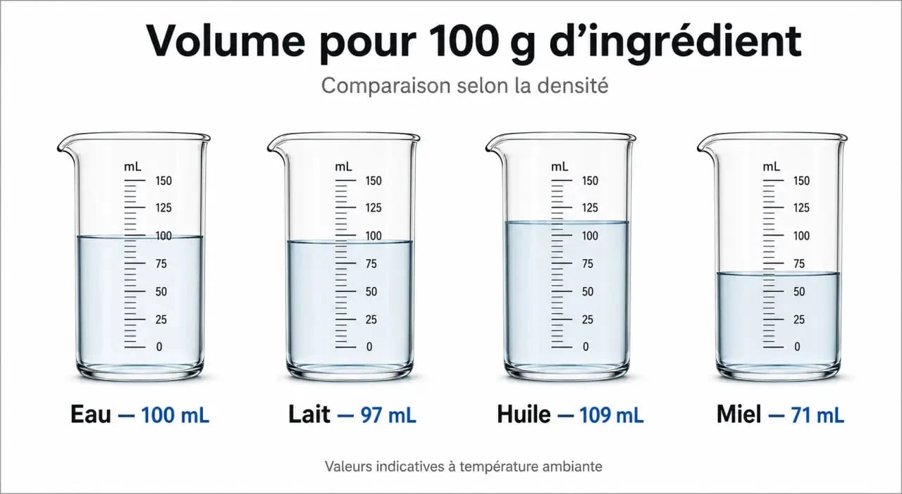 Infographie montrant la conversion de 100g en centilitres pour différents ingrédients culinaires selon leur densité