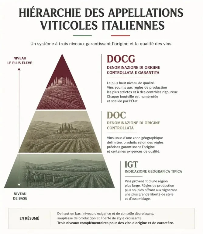 Hiérarchie des appellations de vin rouge italien DOCG, DOC et IGT