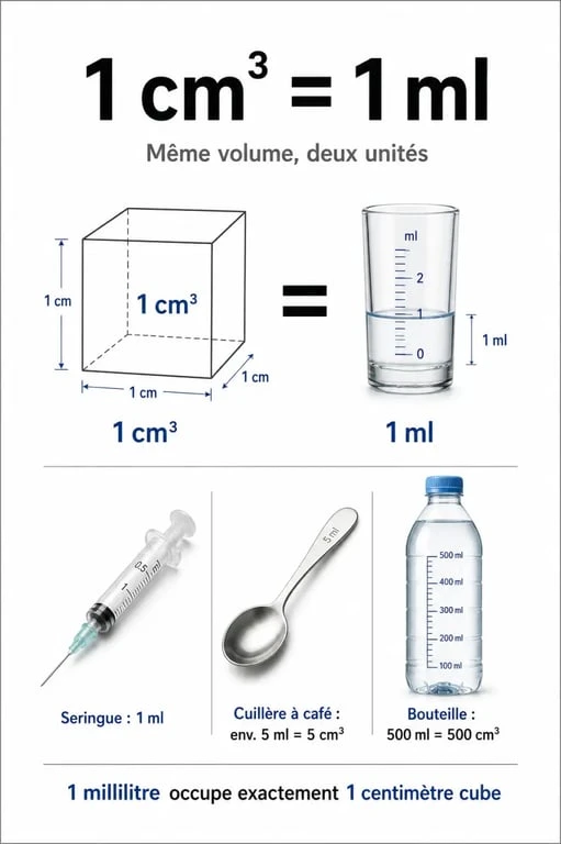 Infographie illustrant la conversion de cm3 en ml avec des exemples d'objets du quotidien