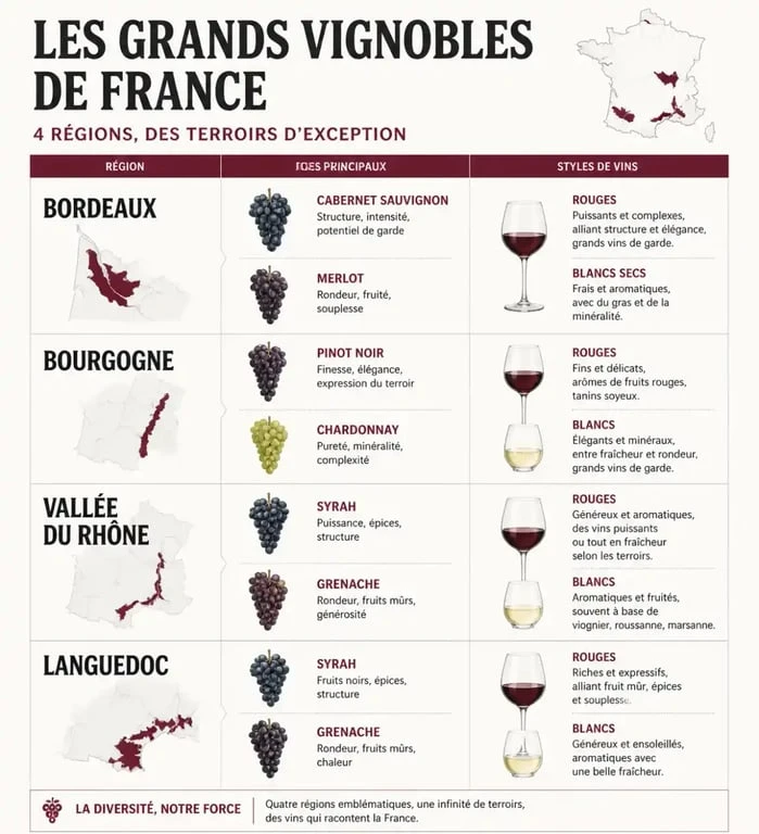 Infographie comparative des régions viticoles françaises pour choisir le meilleur vin rouge