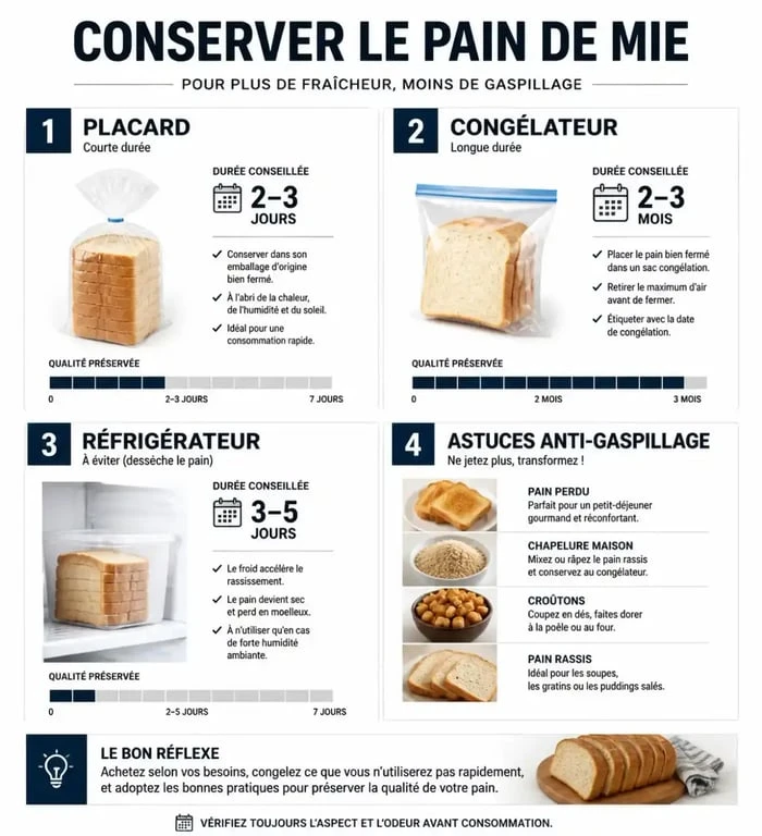 Infographie des méthodes de conservation du pain de mie pour éviter le gaspillage alimentaire