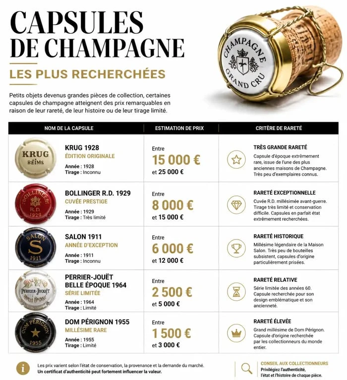 Infographie des capsules de champagne les plus recherchées par les collectionneurs