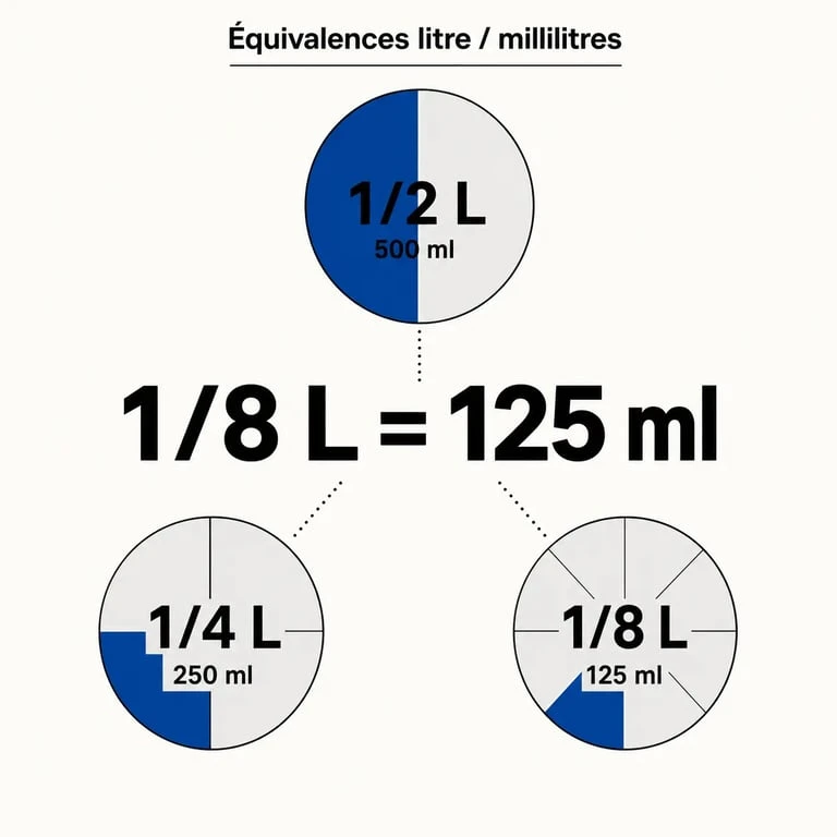 Tableau de conversion de 1/8 de litre en ml et autres fractions de litre pour la cuisine