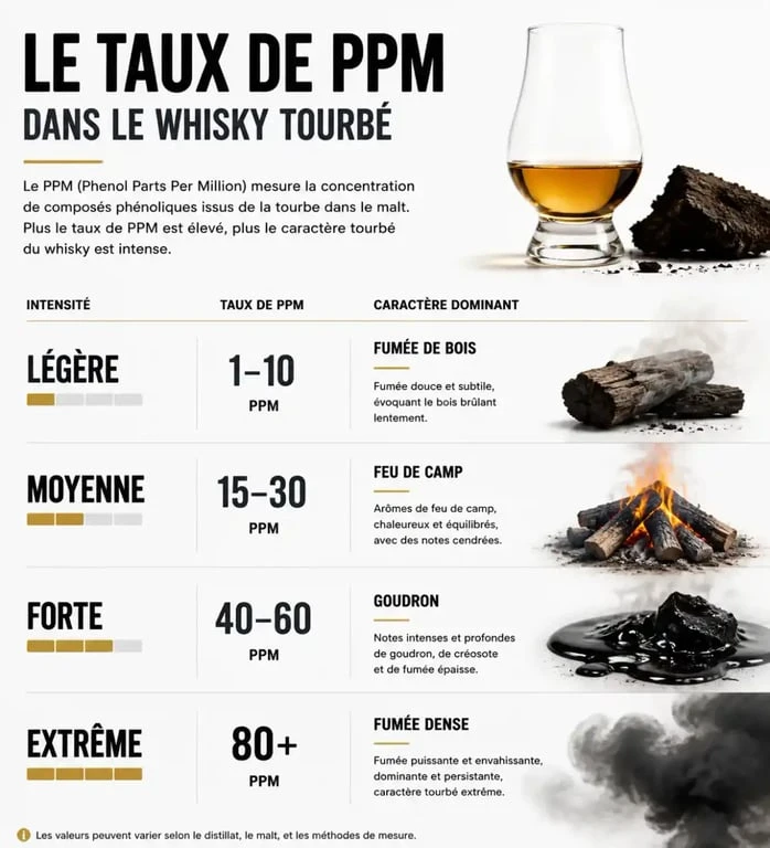 Infographie explicative des niveaux de PPM pour choisir le meilleur whisky tourbé selon l'intensité de la fumée.