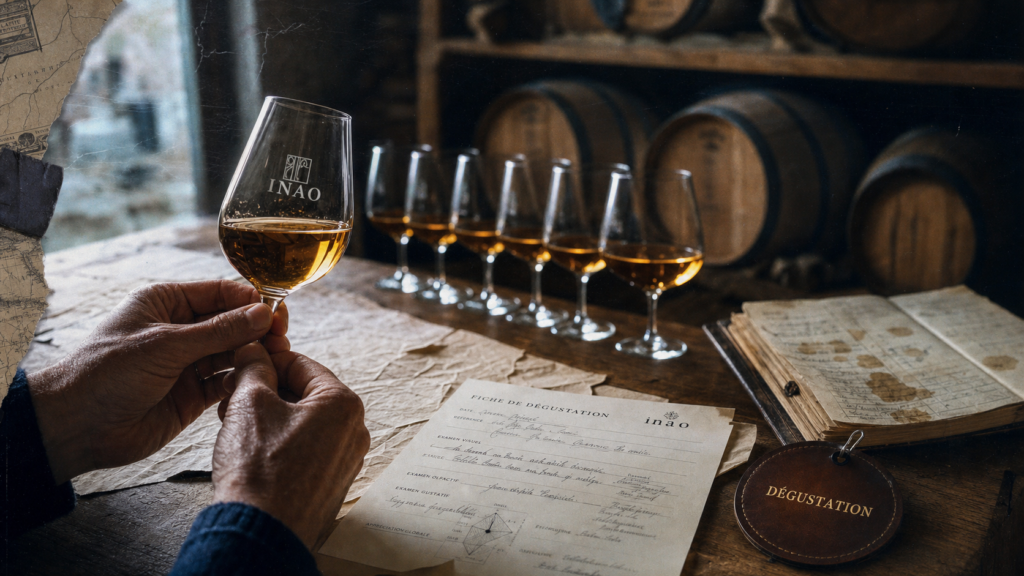 Gouteur de vin en dégustation : verres INAO et fiche sensorielle