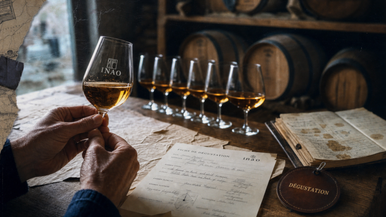 Gouteur de vin en dégustation : verres INAO et fiche sensorielle