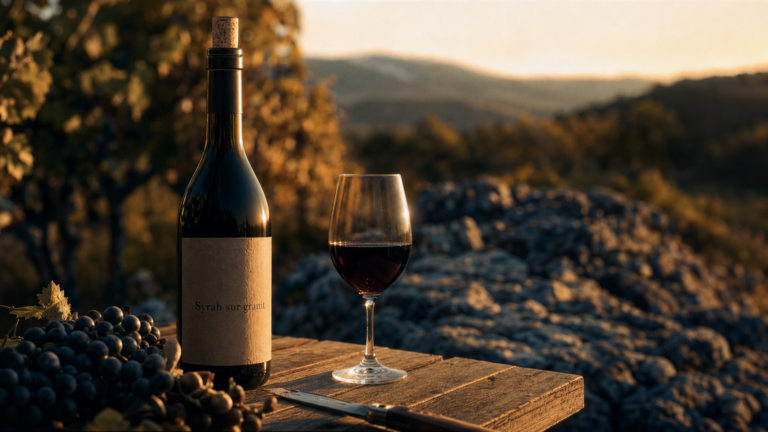 Meilleur vin rouge ardèche : bouteille Syrah sur granit