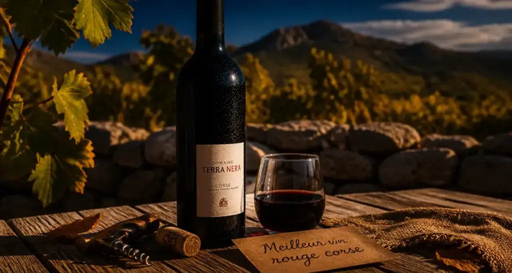 Meilleur vin rouge corse : bouteille rouge corse et verre grenat