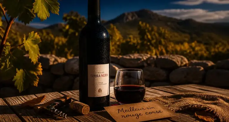 Meilleur vin rouge corse : bouteille rouge corse et verre grenat