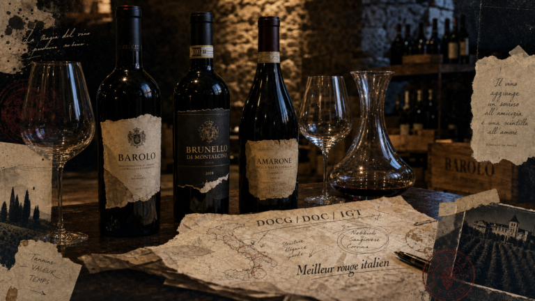 Meilleur vin rouge italien : Barolo, Brunello, Amarone sur table en bois