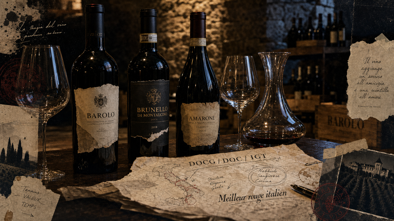 Meilleur vin rouge italien : Barolo, Brunello, Amarone sur table en bois