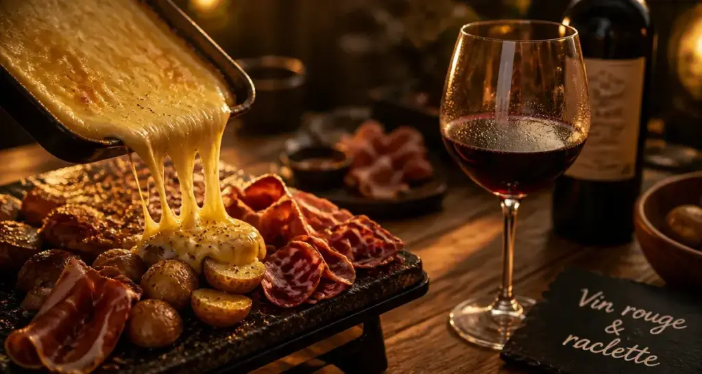 Meilleur vin rouge pour raclette avec fromage fondu et verre rouge (3 cépages)