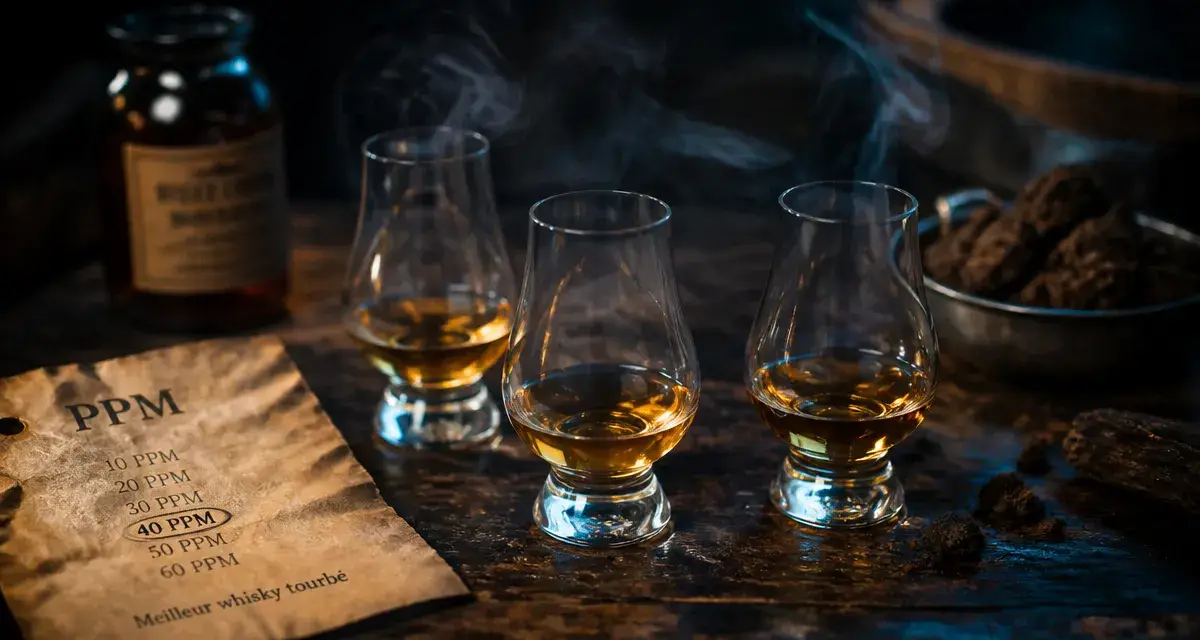 Meilleur whisky tourbé, verres et PPM sur fond bois sombre