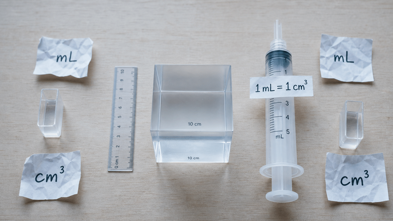 1 mL = 1 cm³, milliliter cm3 avec seringue et règle