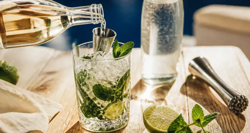 Mojito alcool principal en volume : rhum blanc, menthe et citron vert sur glace