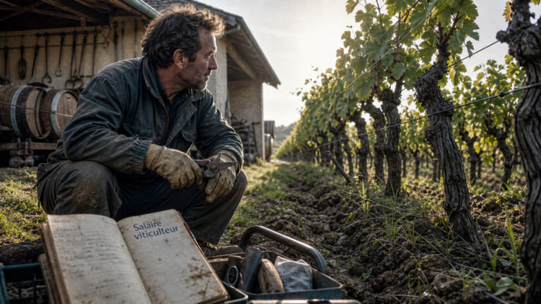 Salaire viticulteur : viticulteur observant des rangs de vigne
