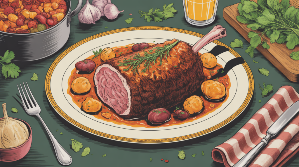 Plat ovale avec gigot et sauce gigot d'agneau fond de veau