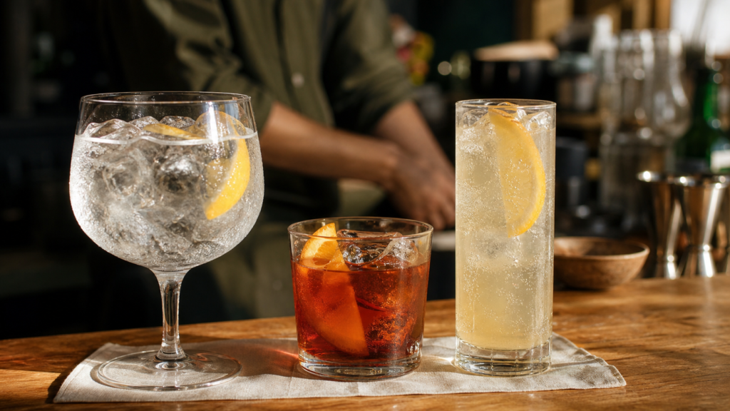 gin cocktails : Gin Tonic, Negroni et Tom Collins, verres avec glaçons et citron