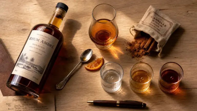 Alcool rhum : échantillons de rhum blanc, ambré et vieux