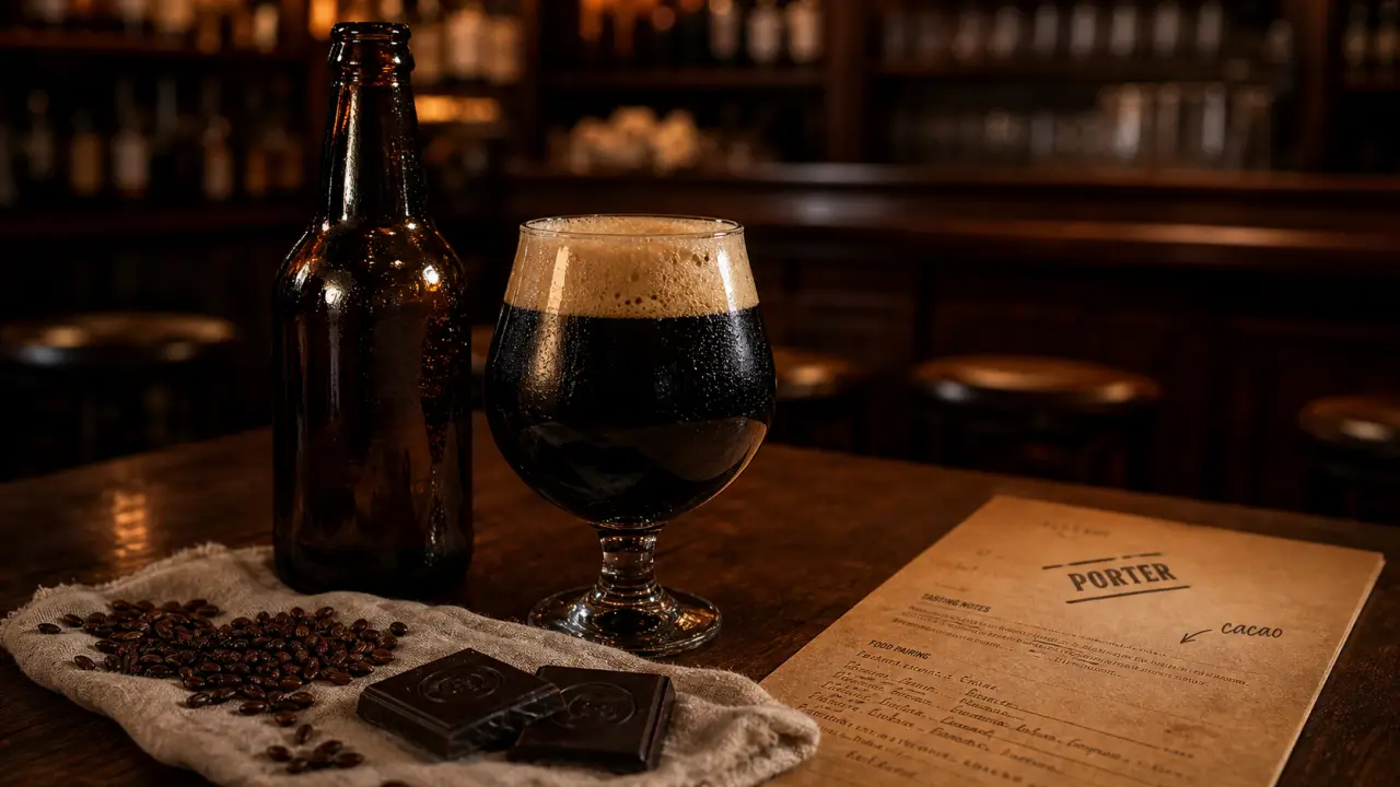 Bière porter brune en verre tulipe, mousse beige et malt chocolat
