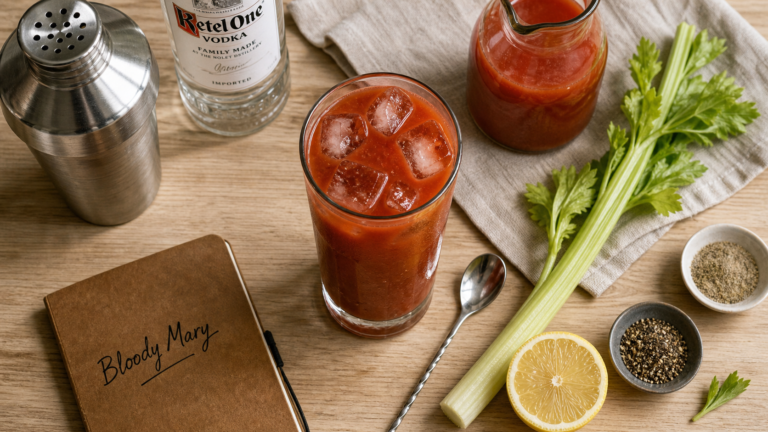 Bloody Mary recette : verre avec vodka, jus de tomate, céleri, citron et glaçons