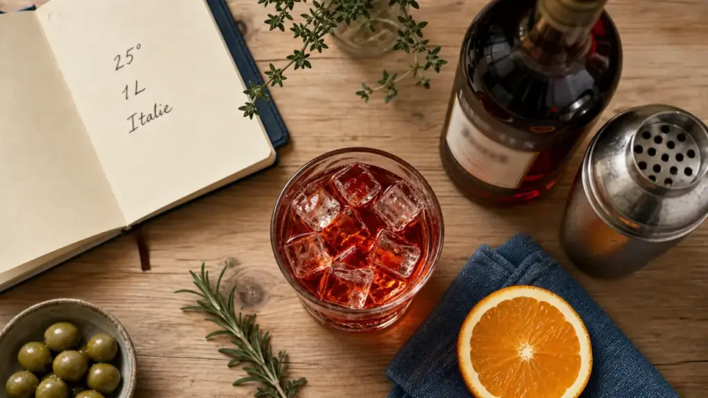 Campari alcool, degré et goût pour Spritz : verre, glaçons et orange