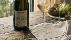 Champagne bio : lecture étiquette et dosage sur la table, bulles fines