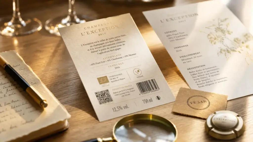 Champagne vegan : vérifier le label sur une bouteille de champagne