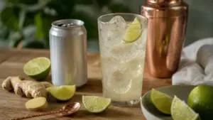 Cocktail à base de vodka Moscow Mule, ginger beer et citron vert sur table