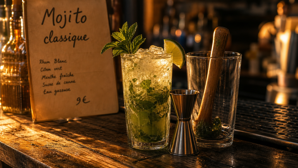 Cocktail classique Mojito : verre glacé, menthe fraîche et citron vert