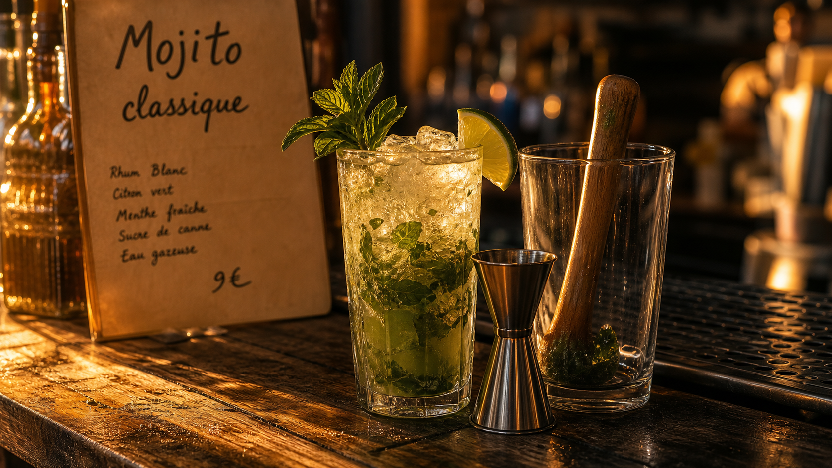 Cocktail classique Mojito : verre glacé, menthe fraîche et citron vert