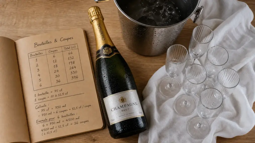 Combien de champagne par personne : 6 flûtes par bouteille de champagne sur table