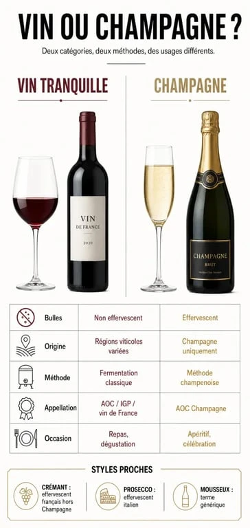 Comparatif vin ou champagne avec repères sur l’origine, la méthode et les styles proches