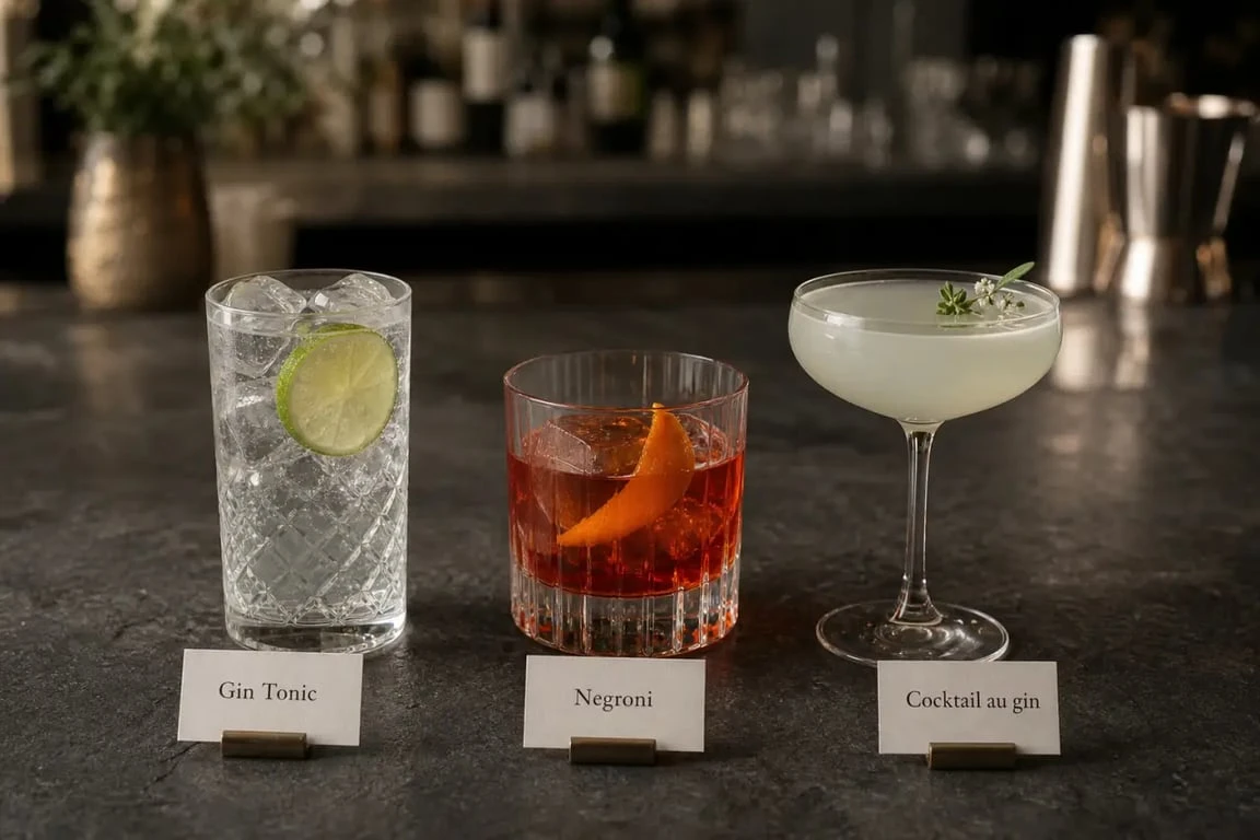 Cocktails au gin servis sur un comptoir de bar, avec gin cocktails classiques comme Gin Tonic, Negroni et Tom Collins