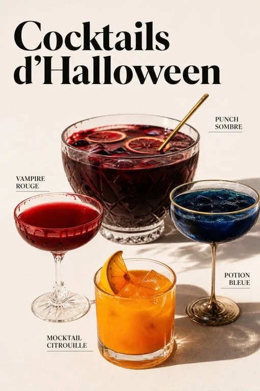 Cocktail Halloween sur une table de fête avec boissons rouges, bleues et orange