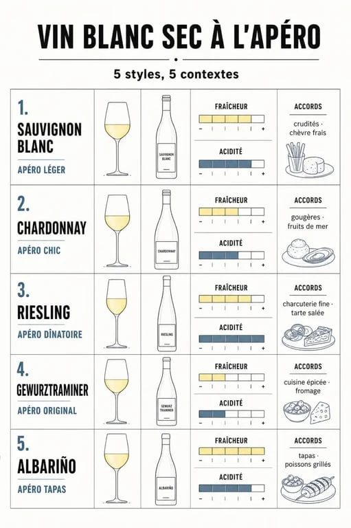 Infographie sur le vin blanc sec apéro avec les principaux cépages et accords