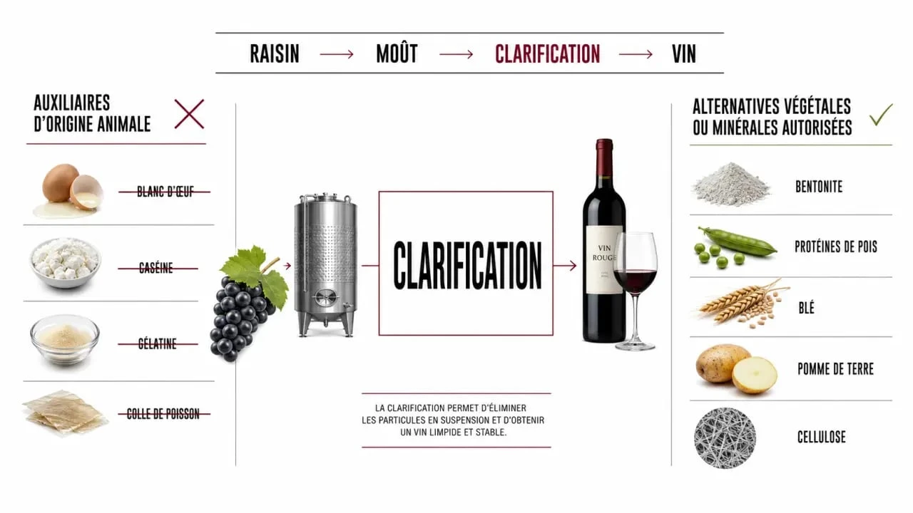 Vin vegan : schéma du collage et des alternatives végétales en cave