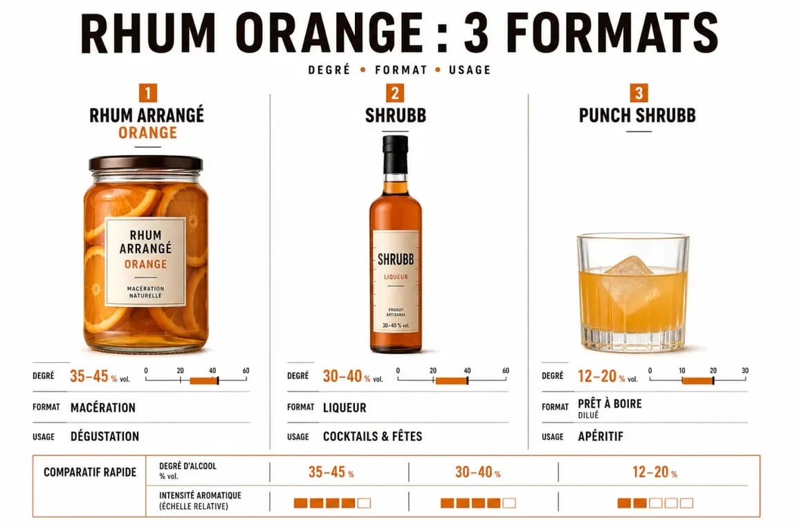 Comparatif visuel du rhum orange, du shrubb et du punch shrubb avec repères de degré et d’usage